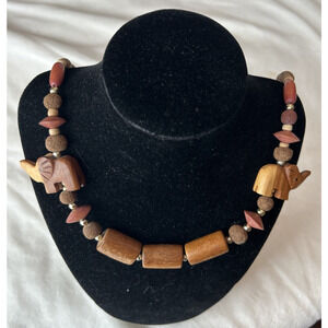 Vintage Carved Wood Elephant Bead Necklace 28" long 14' half Brown Boho Necklace